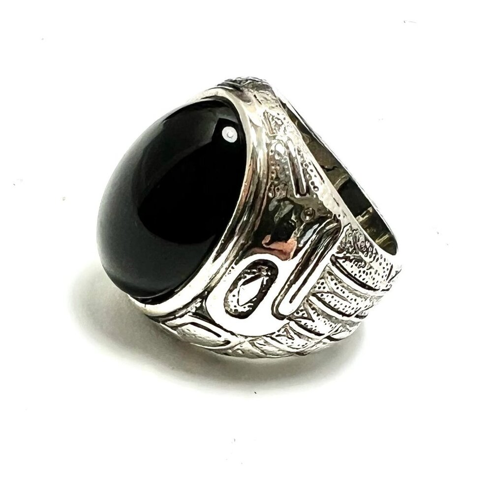 Eagle - Indigenous Style Smooth Onyx Stone Ring, Sterling Silver, Size 8